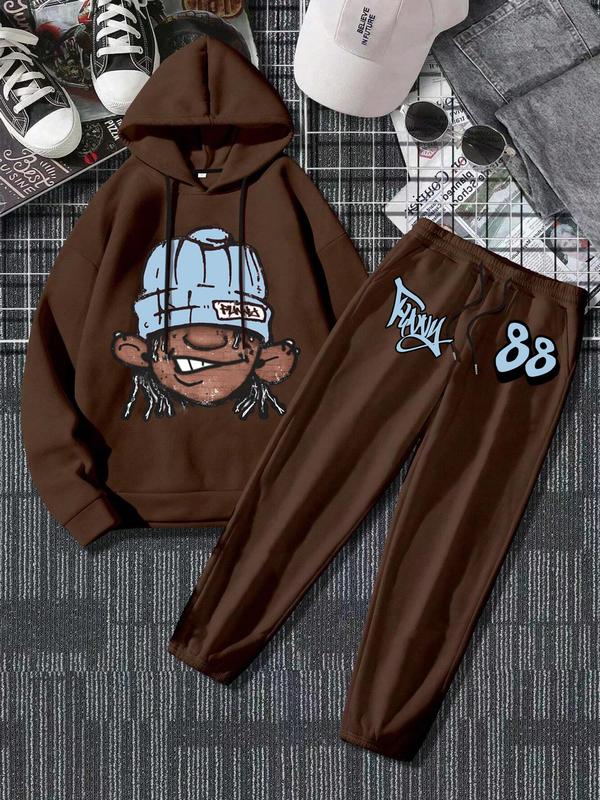 Men's Cartoon Figure Print Hoodie & Drawstring Waist Sweatpants Two-piece Set, Regular Fit Casual Long Sleeve Hooded Sweatshirt & Pocket Jogger Pants, Men's Fall & Winter Clothes