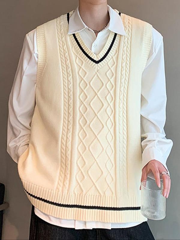 Men's Striped Trim Textured V Neck Sweater Vest without Shirt, Regular Fit Preppy Style Casual Sleeveless Jumper Vest for Fall, Fashion Men's Knitwear for Daily Wear