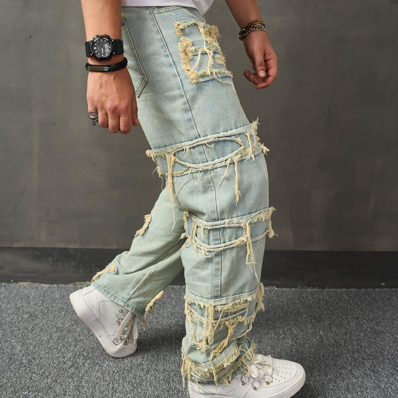 Men's Wide-Leg Jeans Straight Leg Carpenter Denim Pants Loose fit Trousers Men   Casual Loose Jeans  Menswear Underwear Human Pocket Beige Plain