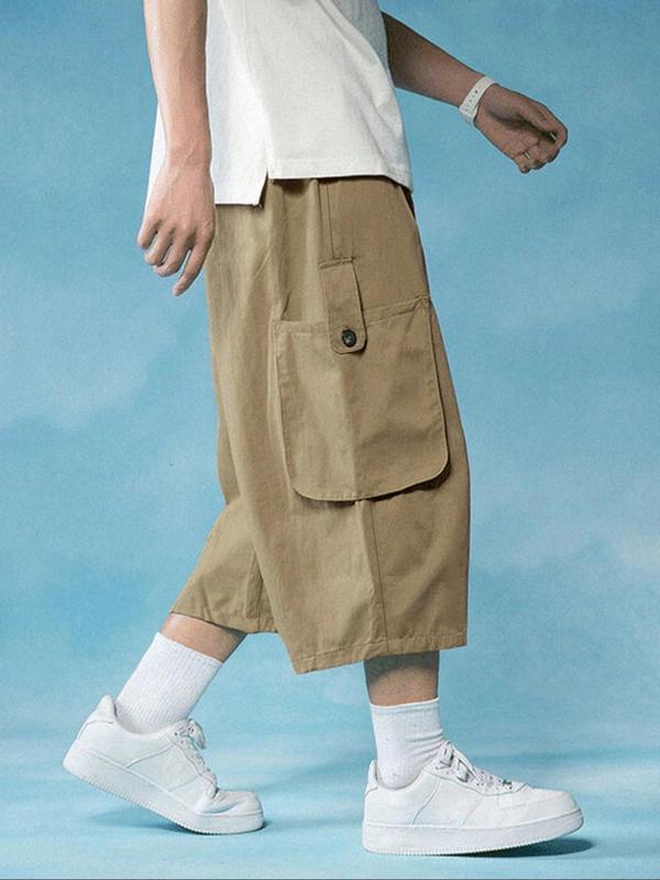 Men's Loose Letter Patched Flap Pocket Drawstring Wide Leg Cargo Capris Pants, Summer Outfits, Casual Street Elastic Waist Trousers for Daily Wear, Mens Bottoms for All Seasons