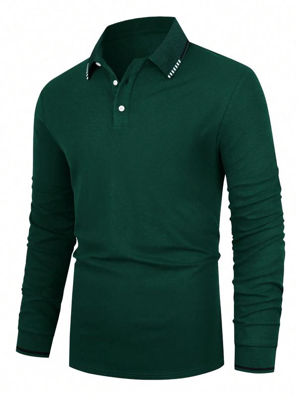 Men's Solid Button Front Polo Shirt, Casual Regular Fit Long Sleeve Collared Top for Summer, Streetwear Menswear for Daily Wear