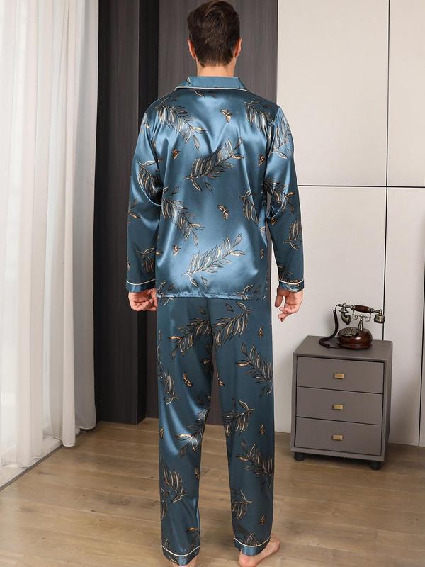 Men's Regular Fit Butterfly Leaf Print Lapel Pocket Shirt & Elastic Waist Pants Pyjama Set, Casual Comfortable Silk Cloth Loungewear Set, Sleepwear & PJ Set