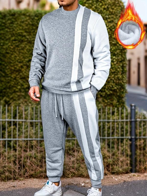 Two-Piece Set Men's Colorblock Sweatshirt & Drawstring Waist Sweatpants, Regular Fit Casual Round Neck Long Sleeve Pullover & Pocket Jogger Pants for Fall & Winter, Men's Outfits for Daily Wear, Fall Outfits, Fallfreshness, Men's 2 Piece Sets