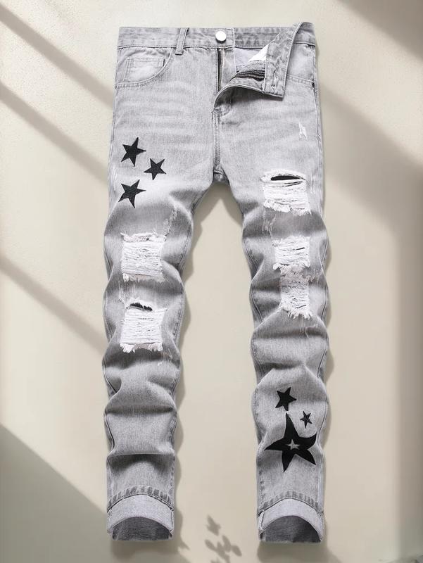 Men's celebrity embroidered slim jeans ripped men's skinny jeans Halloween Casual Cotton