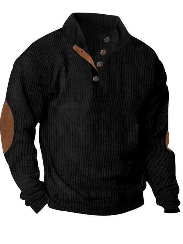 Men's Solid Button Front Top, Regular Fit Casual Long Sleeve Collared Pullover for Fall & Winter, Men's Clothes for Daily Wear