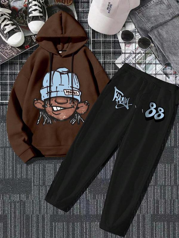 Men's Cartoon Figure Print Hoodie & Drawstring Waist Sweatpants Two-piece Set, Regular Fit Casual Long Sleeve Hooded Sweatshirt & Pocket Jogger Pants, Men's Fall & Winter Clothes