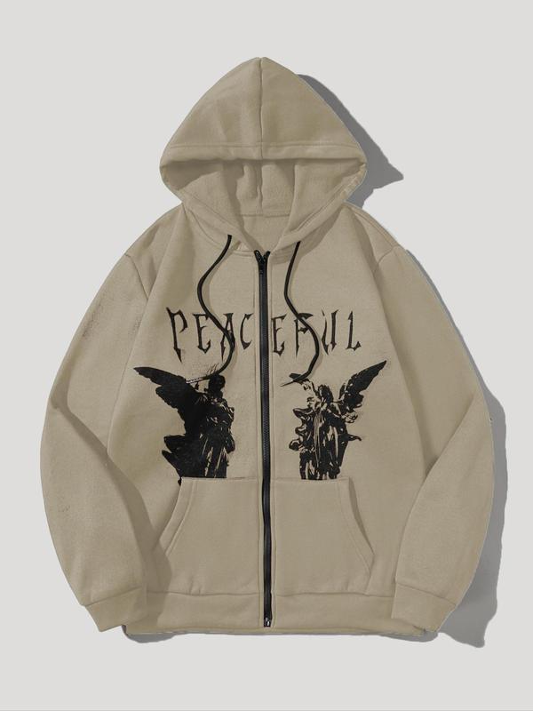 Unisex Men's Letter & Angel Print Zip Up Warm Hoodie, Casual Drawstring Pocket Long Sleeve Hooded Sweatshirt Pullover for Fall, Essentials Hoodie, Back To School Emo Streetwear Outfits, Menswear, Fall Outfits, Earthtone Fallfreshness Essentials Hoodie