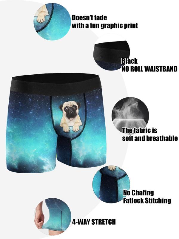 Men's Galaxy & Dog Print Boxer Brief, Casual Soft Comfortable Breathable Underwear For All Seasons, Men's Underwear For Daily Wear