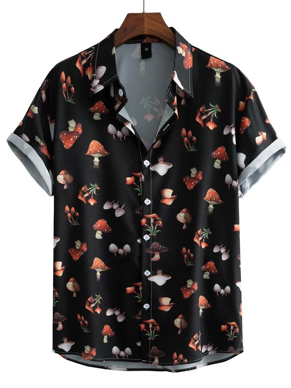 Men's Regular Fit All Over Mushroom Print Button Front Shirt, Casual Comfy Short Sleeve Collar Shirt for Summer, Fashion Men's Streetwear Top for Daily Wear