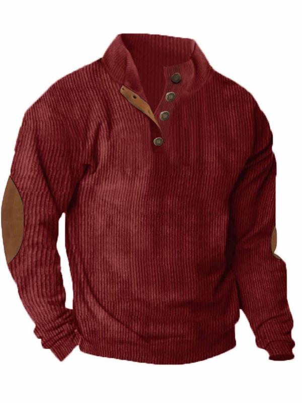 Men's Solid Button Front Top, Regular Fit Casual Long Sleeve Collared Pullover for Fall & Winter, Men's Clothes for Daily Wear