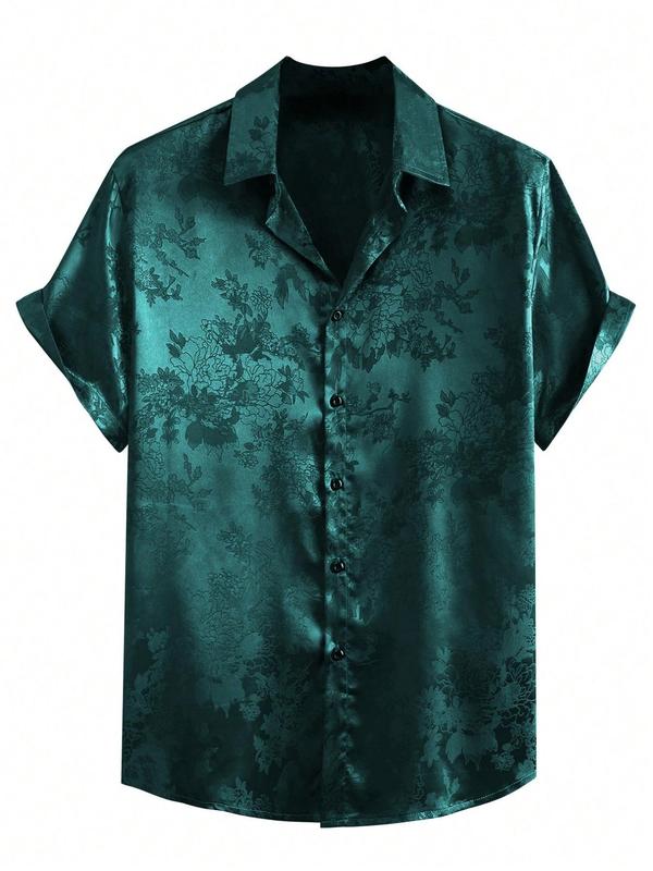 Men's Plain Floral Print Button Front Shirt, Regular Fit Casual Short Sleeve Collared Shirt for Summer, Men's Top for Daily Wear