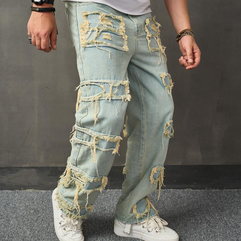 Men's Wide-Leg Jeans Straight Leg Carpenter Denim Pants Loose fit Trousers Men   Casual Loose Jeans  Menswear Underwear Human Pocket Beige Plain