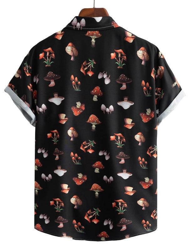 Men's Regular Fit All Over Mushroom Print Button Front Shirt, Casual Comfy Short Sleeve Collar Shirt for Summer, Fashion Men's Streetwear Top for Daily Wear