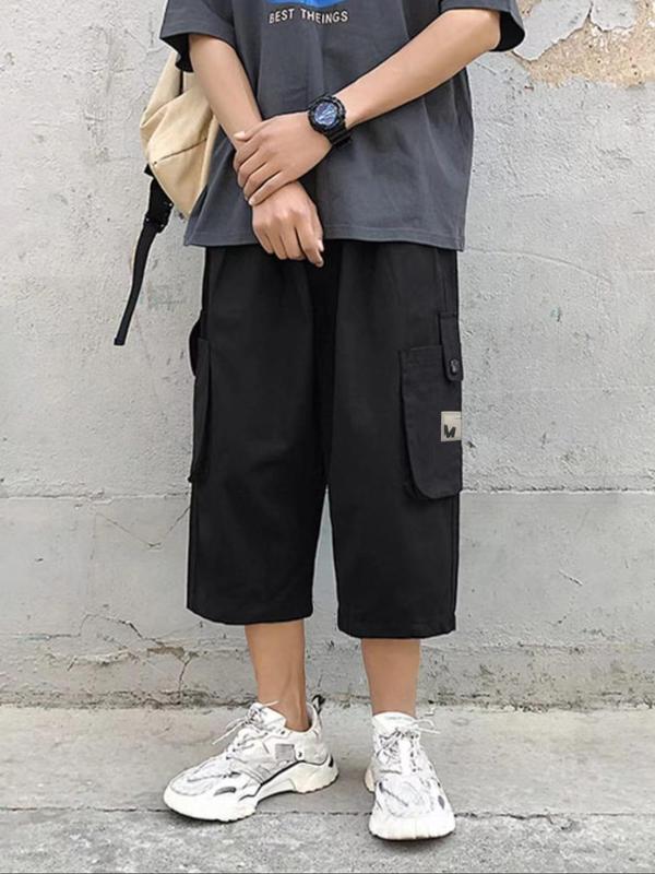 Men's Loose Letter Patched Flap Pocket Drawstring Wide Leg Cargo Capris Pants, Summer Outfits, Casual Street Elastic Waist Trousers for Daily Wear, Mens Bottoms for All Seasons