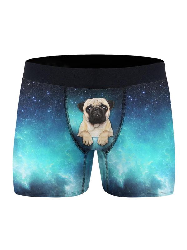 Men's Galaxy & Dog Print Boxer Brief, Casual Soft Comfortable Breathable Underwear For All Seasons, Men's Underwear For Daily Wear