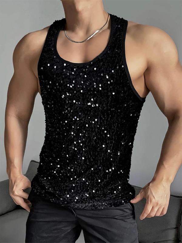 Men's Glitter Sequin Scoop Neck Tank Top, Casual Sleeveless T-Shirt for Summer Outdoor Wear, Fashion Men's Clothes