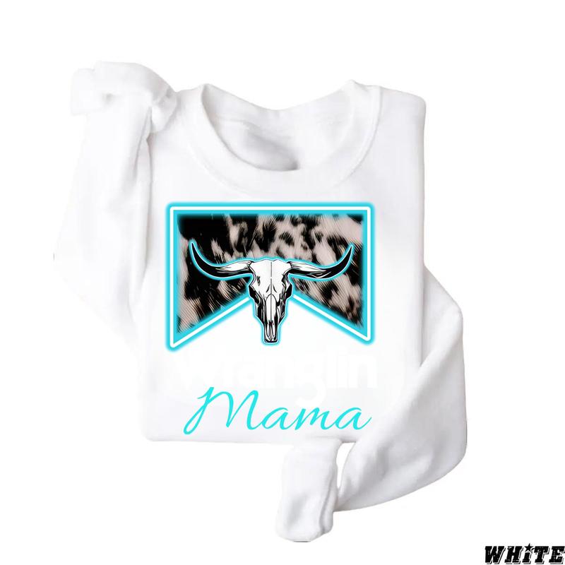 Wranglin Mama Sweatshirt - Bold Western Design with Cow Skull and Neon Accents, Perfect for Country Style Fans and Rodeo Enthusiasts, Unisex Sweatshirt for Casual and Rustic Vibes Menswear Hoodie Sweaters  Underwear  Pullover Long Sleeve Wetsuit Crewneck