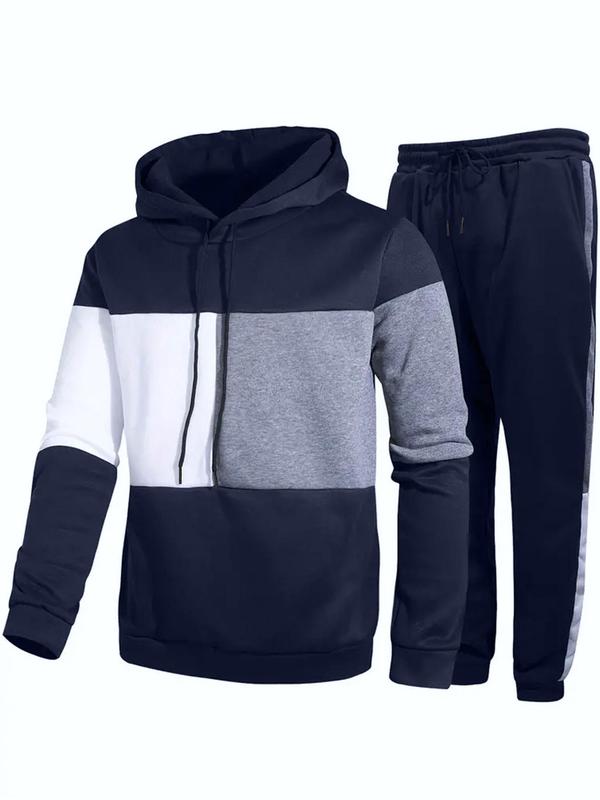 Men's Colorblock Pocket Side Stripe Two-Piece Set, Regular Fit Casual Long Sleeve Hooded Top & Drawstring Jogger Pants, Men's Outfits for Daily Wear