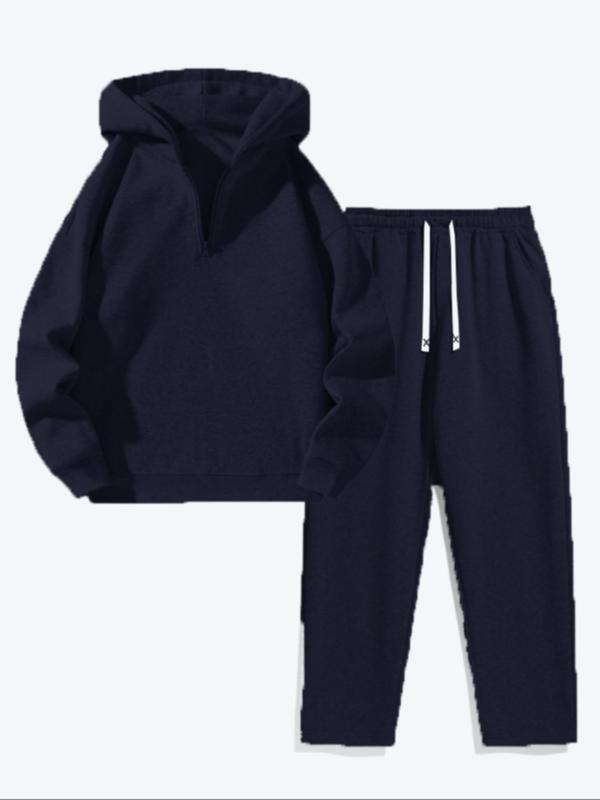 Two-Piece Set Men's Solid Drop Shoulder Zip Up Hoodie & Drawstring Waist Pocket Sweatpants, Casual Fashion Cozy Breathable Outfits for Daily Outdoor Wear, Men Clothes for All Seasons