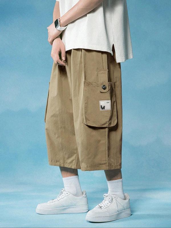 Men's Loose Letter Patched Flap Pocket Drawstring Wide Leg Cargo Capris Pants, Summer Outfits, Casual Street Elastic Waist Trousers for Daily Wear, Mens Bottoms for All Seasons