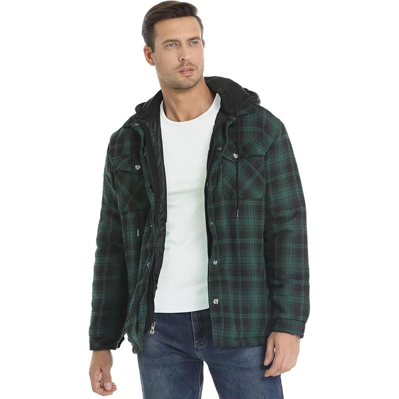 Flannel Jackets for Men Long Sleeve Plaid Shirt Jacket Quilt Lined Hooded with Button Down Winter Coat Menswear Longsleeves Casual Pocket Classic Cotton Sports Medium Polyester Stylish