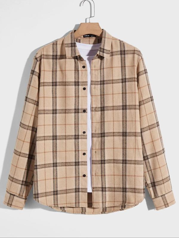 Men's Plaid Print Button Front Shirt, Casual Regular Fit Long Sleeve Collared Top for Fall & Winter, Men's Clothes for Daily Wear