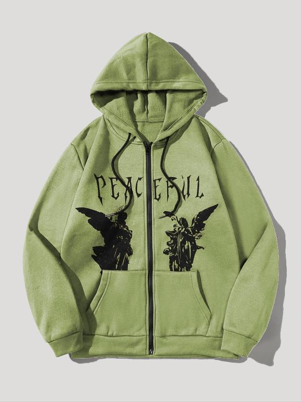 Unisex Men's Letter & Angel Print Zip Up Warm Hoodie, Casual Drawstring Pocket Long Sleeve Hooded Sweatshirt Pullover for Fall, Essentials Hoodie, Back To School Emo Streetwear Outfits, Menswear, Fall Outfits, Earthtone Fallfreshness Essentials Hoodie