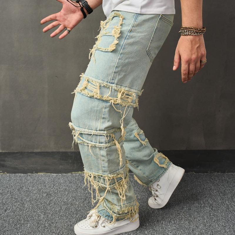 Men's Wide-Leg Jeans Straight Leg Carpenter Denim Pants Loose fit Trousers Men   Casual Loose Jeans  Menswear Underwear Human Pocket Beige Plain