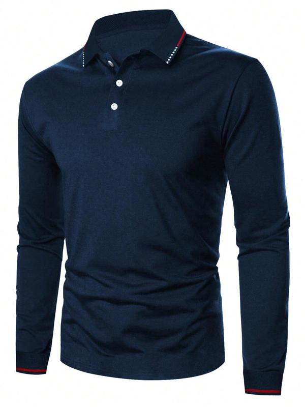 Men's Solid Button Front Polo Shirt, Casual Regular Fit Long Sleeve Collared Top for Summer, Streetwear Menswear for Daily Wear