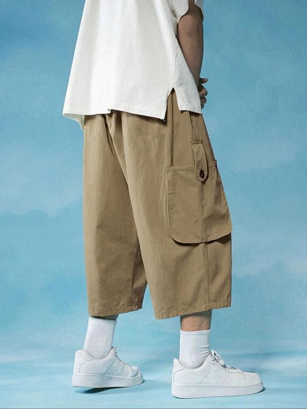 Men's Loose Letter Patched Flap Pocket Drawstring Wide Leg Cargo Capris Pants, Summer Outfits, Casual Street Elastic Waist Trousers for Daily Wear, Mens Bottoms for All Seasons