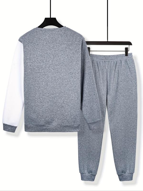 Two-Piece Set Men's Colorblock Sweatshirt & Drawstring Waist Sweatpants, Regular Fit Casual Round Neck Long Sleeve Pullover & Pocket Jogger Pants for Fall & Winter, Men's Outfits for Daily Wear, Fall Outfits, Fallfreshness, Men's 2 Piece Sets