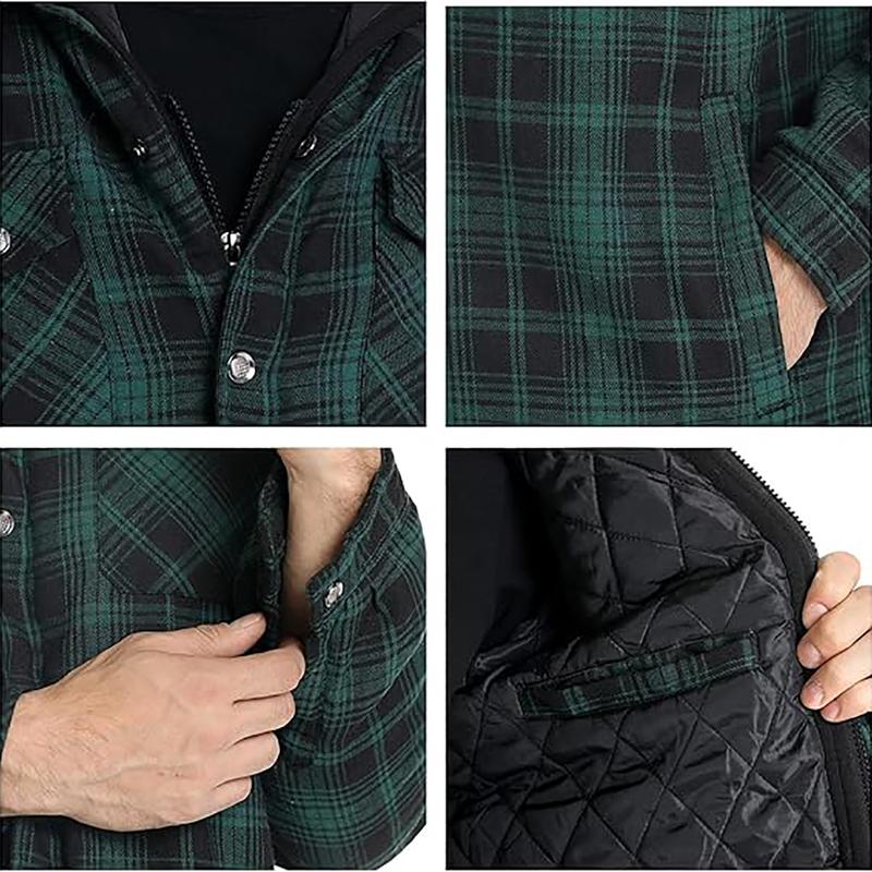 Flannel Jackets for Men Long Sleeve Plaid Shirt Jacket Quilt Lined Hooded with Button Down Winter Coat Menswear Longsleeves Casual Pocket Classic Cotton Sports Medium Polyester Stylish