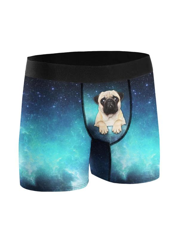 Men's Galaxy & Dog Print Boxer Brief, Casual Soft Comfortable Breathable Underwear For All Seasons, Men's Underwear For Daily Wear