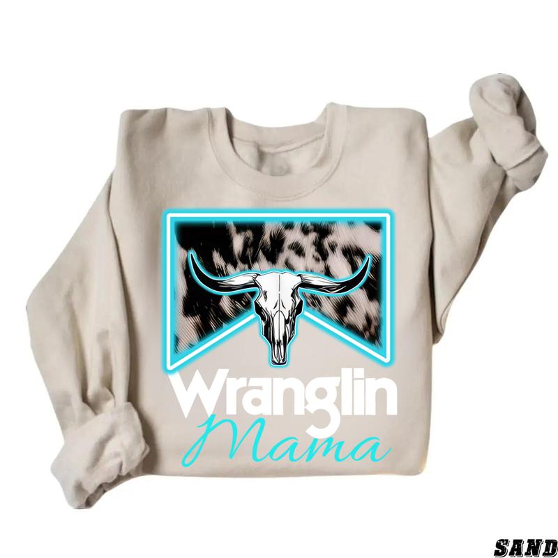 Wranglin Mama Sweatshirt - Bold Western Design with Cow Skull and Neon Accents, Perfect for Country Style Fans and Rodeo Enthusiasts, Unisex Sweatshirt for Casual and Rustic Vibes Menswear Hoodie Sweaters  Underwear  Pullover Long Sleeve Wetsuit Crewneck