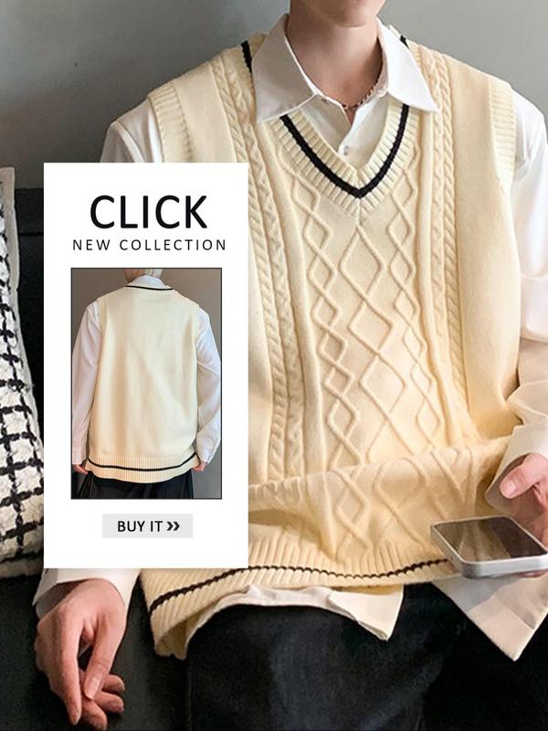 Men's Striped Trim Textured V Neck Sweater Vest without Shirt, Regular Fit Preppy Style Casual Sleeveless Jumper Vest for Fall, Fashion Men's Knitwear for Daily Wear