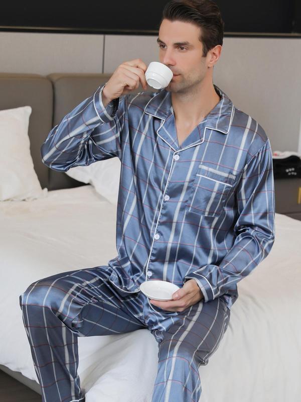 Men's Regular Fit Butterfly Leaf Print Lapel Pocket Shirt & Elastic Waist Pants Pyjama Set, Casual Comfortable Silk Cloth Loungewear Set, Sleepwear & PJ Set