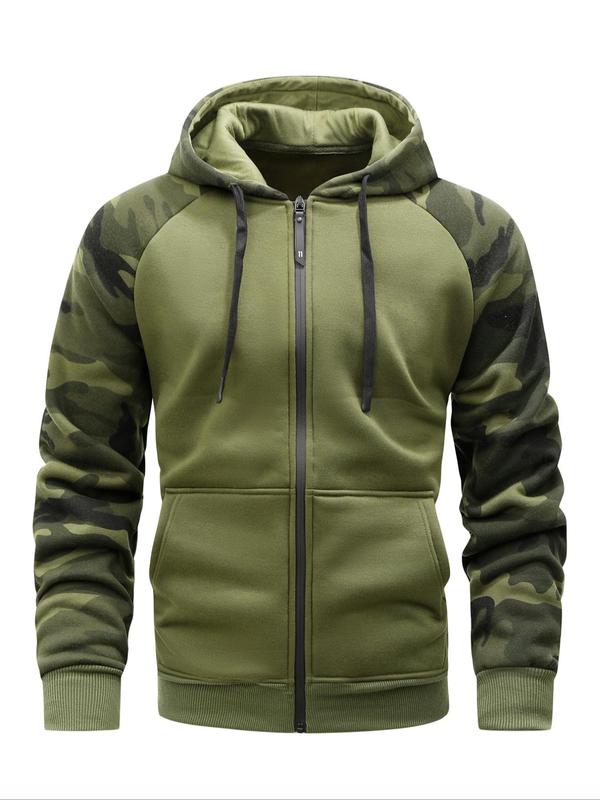 Men's Camo Patchwork Pocket Thermal Lined Zip Up Hooded Sports Coat, Regular Fit Casual Long Sleeve Drawstring Outerwear for Fall & Winter, Men's Sportswear for Gym Workout Running