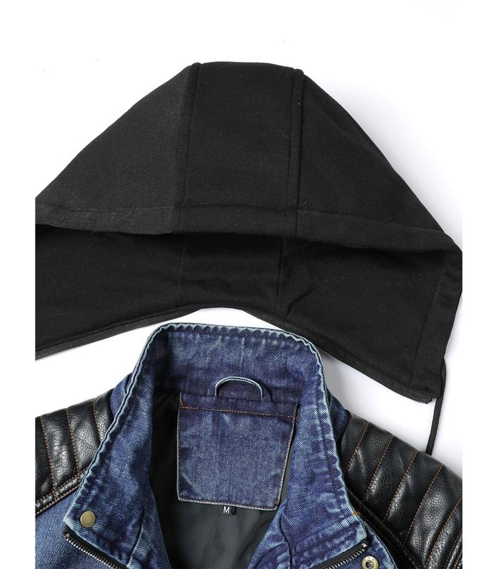 INVACHI Men's Denim Jacket Hooded Jean Jacket with Faux Leather Patchwork Lightweight Jacket with Detachable Hood