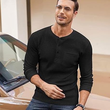 COOFANDY Men's Henry Shirt Long Sleeve Basic Waldorf Knitted Sweater, Pocket Knitted Basic Knitted Sweater, Men's Top Underwear Undercover, Front 4 1 Button Long Sleeve with Pocket Knitted Pullover black friday