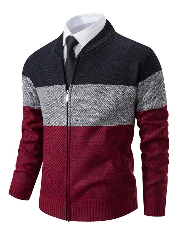 Men's Colorblock Zipper Cardigan, Casual Regular Fit Mock Neck Pocket Knitwear, Men's Clothes For Daily Wear