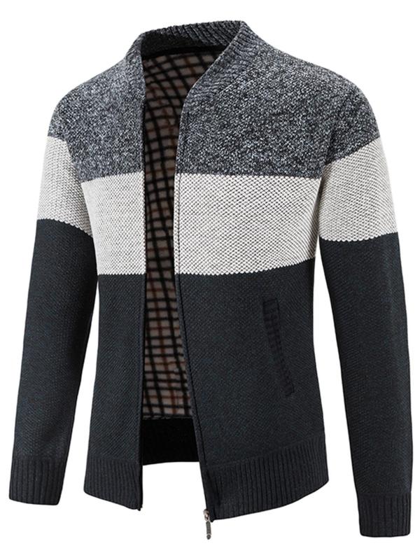 Men's Colorblock Zipper Cardigan, Casual Regular Fit Mock Neck Pocket Knitwear, Men's Clothes For Daily Wear