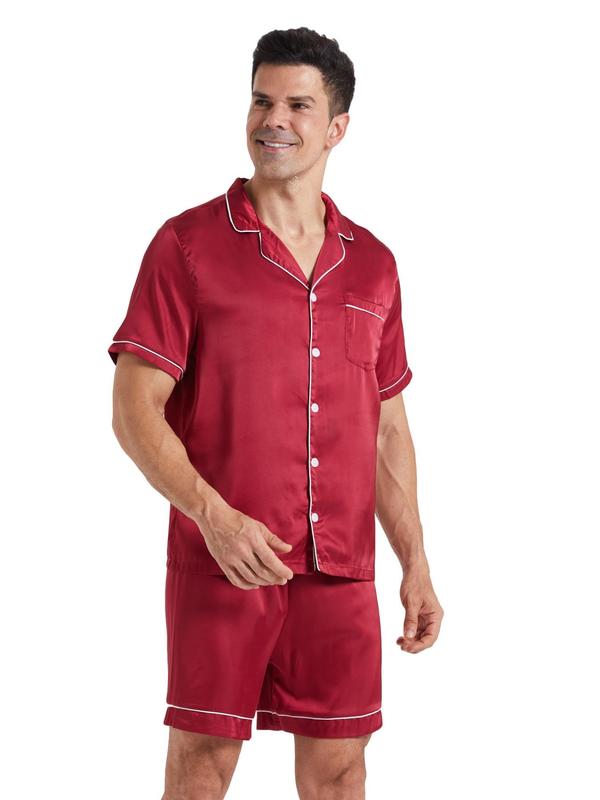 Two-Piece Set Men's Contrast Binding Satin Pyjama Set, Loose Casual Comfy Short Sleeve Button Front Shirt & Elastic Waist Shorts PJ Set, Men's Sleepwear for Summer