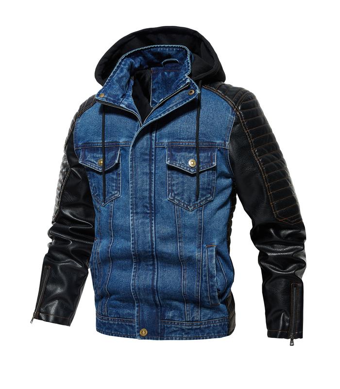 INVACHI Men's Denim Jacket Hooded Jean Jacket with Faux Leather Patchwork Lightweight Jacket with Detachable Hood