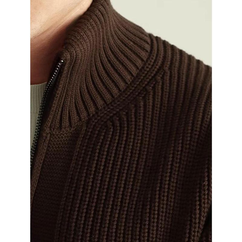 Men's cozy knit cardigan-casual zip-up sweater jacket, solid color, warm & thick for fall winter, coffee brown