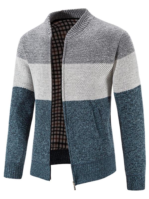 Men's Colorblock Zipper Cardigan, Casual Regular Fit Mock Neck Pocket Knitwear, Men's Clothes For Daily Wear