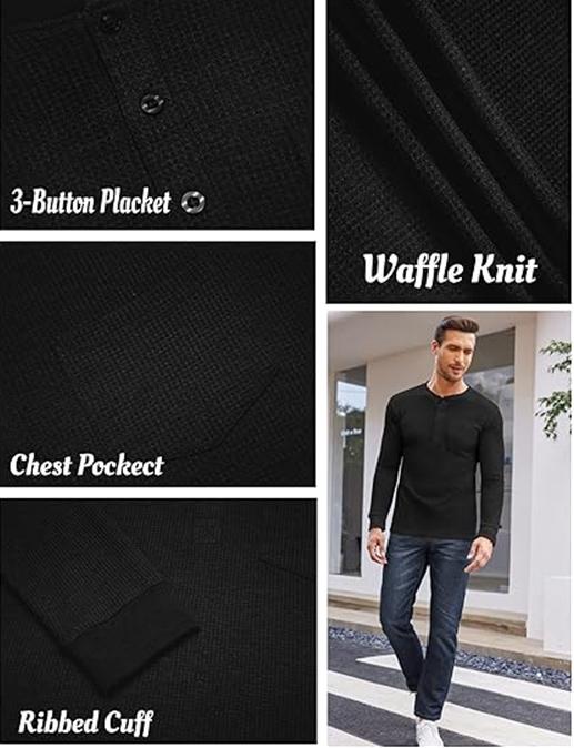 COOFANDY Men's Henry Shirt Long Sleeve Basic Waldorf Knitted Sweater, Pocket Knitted Basic Knitted Sweater, Men's Top Underwear Undercover, Front 4 1 Button Long Sleeve with Pocket Knitted Pullover black friday