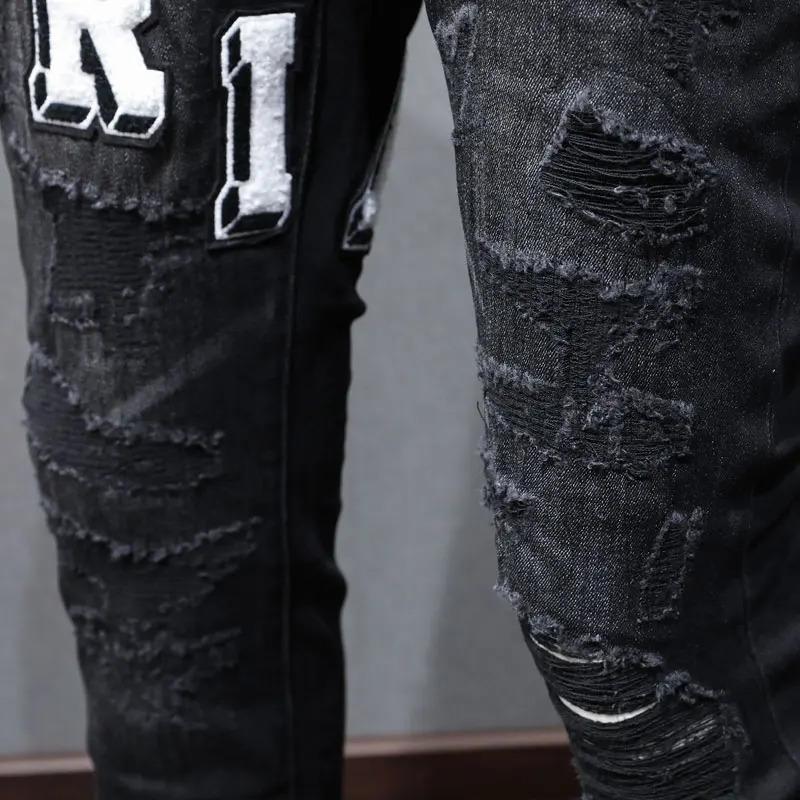 New fashion designer men's jeans stretch slim fit retro black embroidered ripped patch jeans High Street hip-hop brand pants Hom