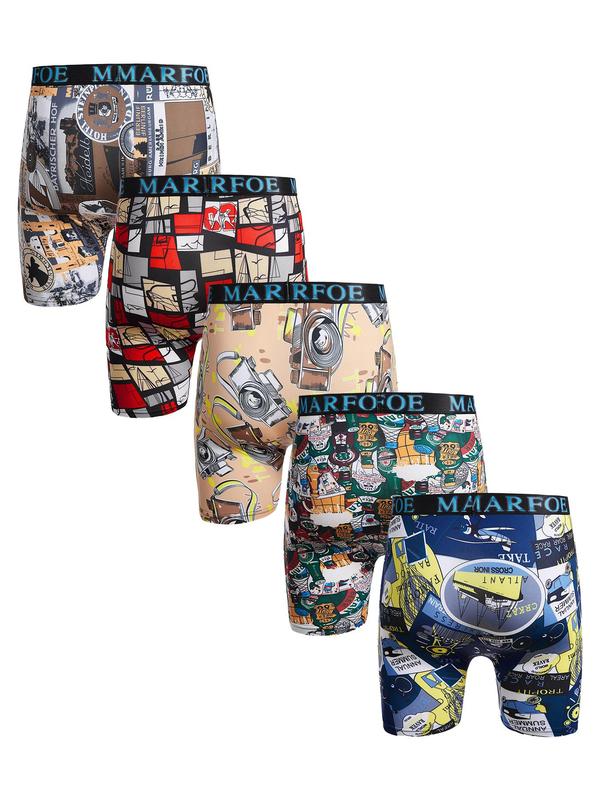 Men's All Over Cartoon Print Boxer Brief, Casual Comfy Breathable Letter Tape Underwear for Daily Wear, Mens Underwear for All Seasons