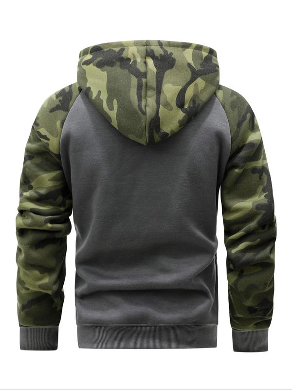 Men's Camo Patchwork Pocket Thermal Lined Zip Up Hooded Sports Coat, Regular Fit Casual Long Sleeve Drawstring Outerwear for Fall & Winter, Men's Sportswear for Gym Workout Running