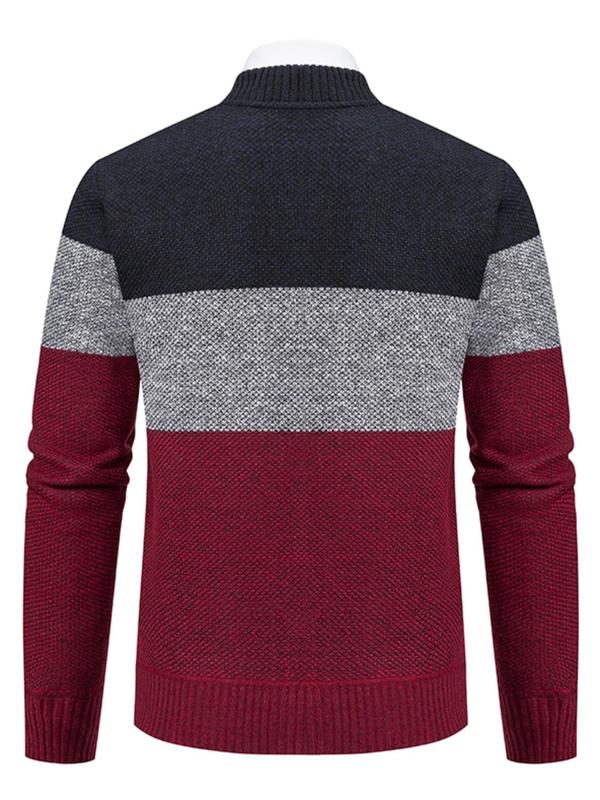 Men's Colorblock Zipper Cardigan, Casual Regular Fit Mock Neck Pocket Knitwear, Men's Clothes For Daily Wear